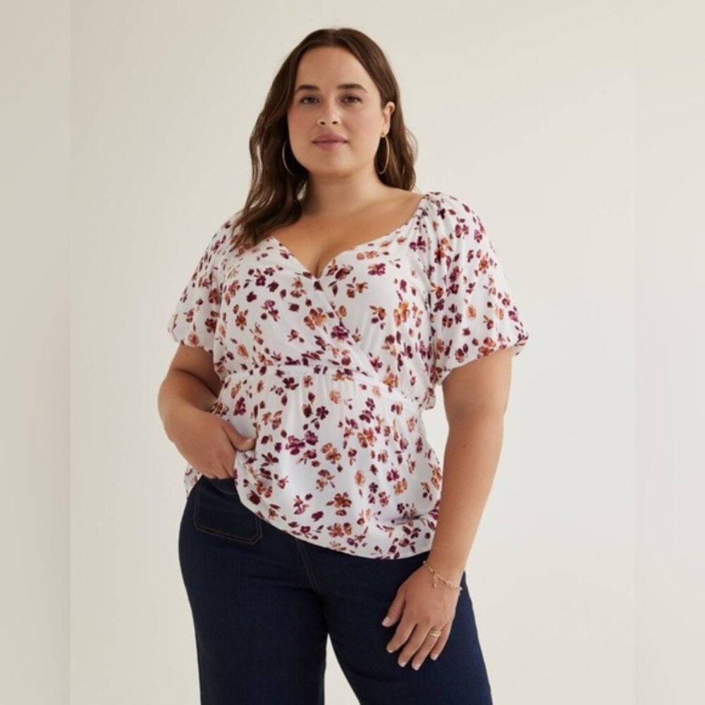 Pennington’s Printed Faux-Wrap Blouse with Balloon Sleeves Size 1x NWT